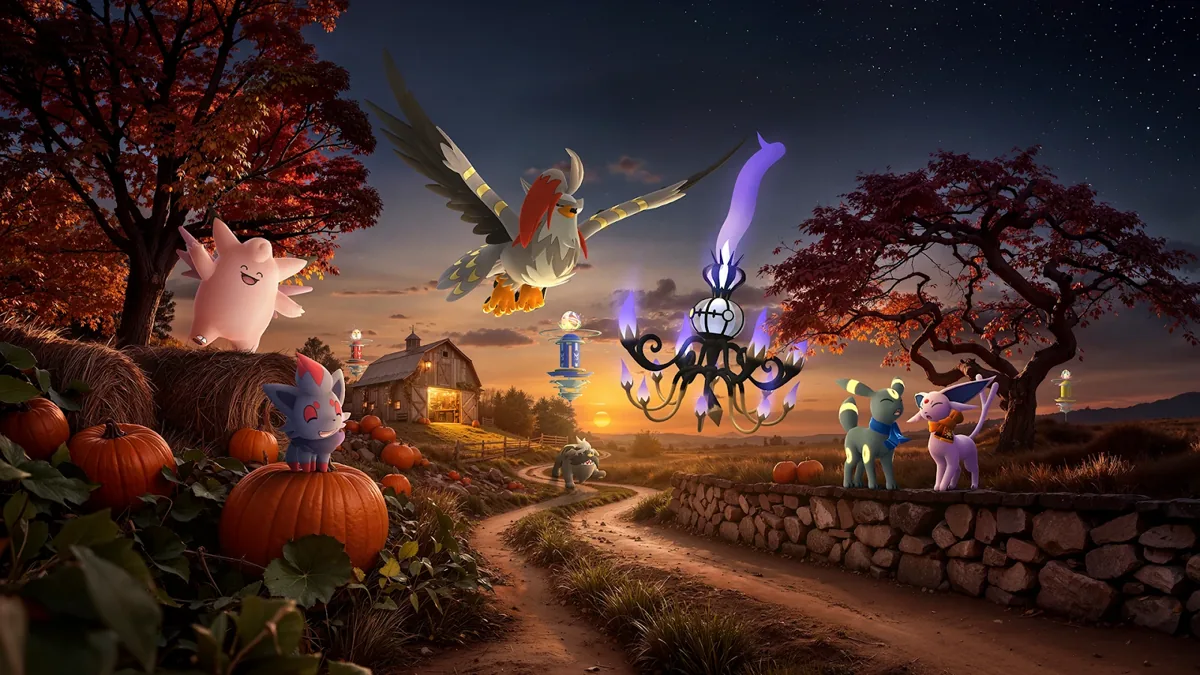 Official Twilight Trails autumn artwork featuring Staraptor, Chandelure and Pokémon around pumpkins